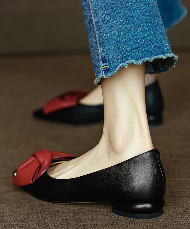 Black Flat Feet Shoes Cowhide Leather Pointed Toe Bow