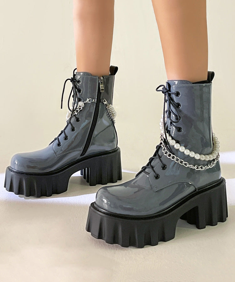 Black Boots Platform Cowhide Leather Splicing Cross Strap