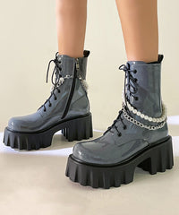 Black Boots Platform Cowhide Leather Splicing Cross Strap