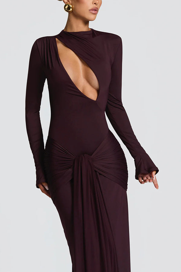 Cutout Fitted Long-sleeved Pleated Satin Ribbon Maxi Dresses