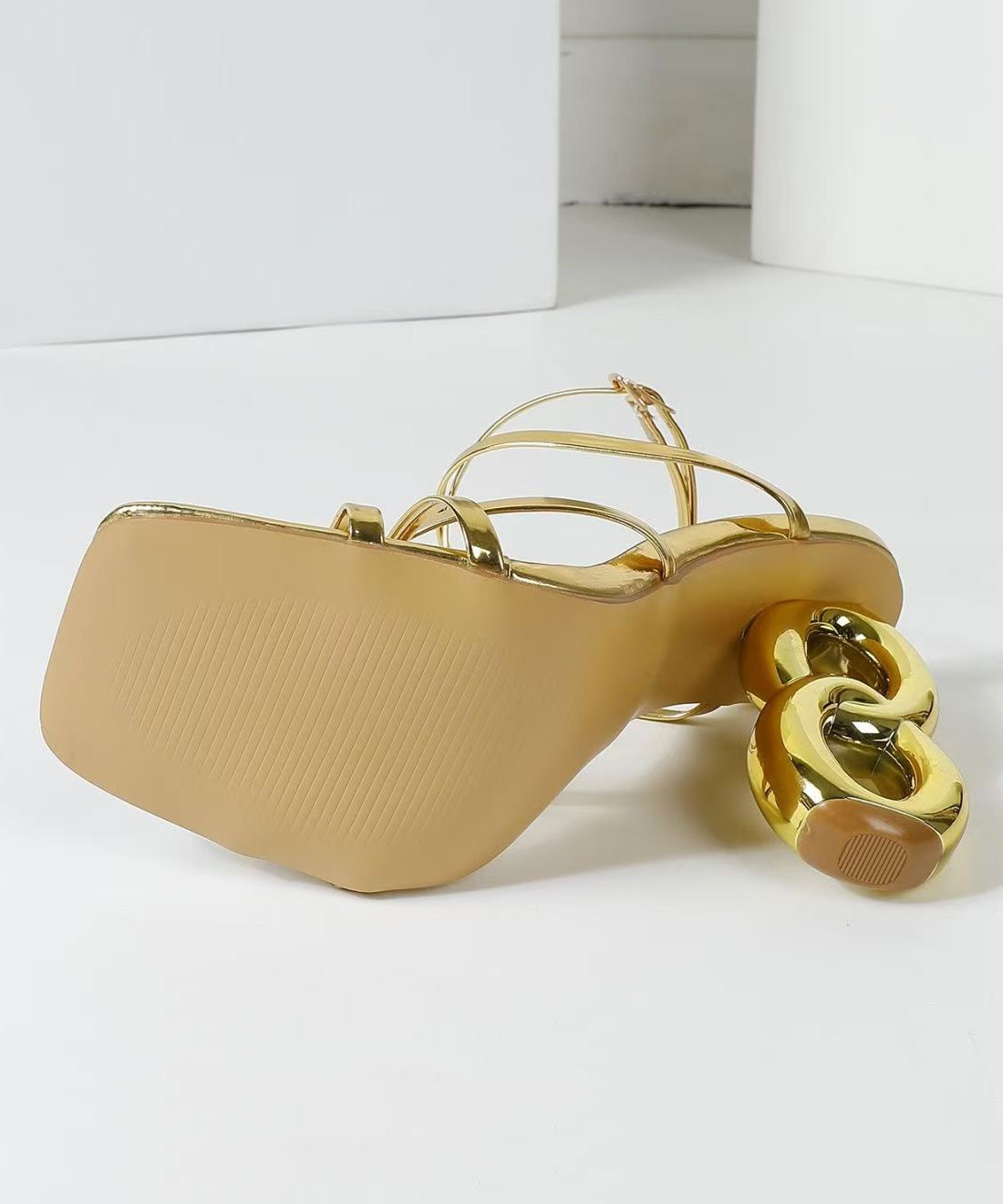 Stylish Gold Square Exposed Toe Cross Strap Irregular High Heeled Sandals
