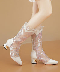 Embroidered Hollow Mesh Patchwork Chunky Heel Boots