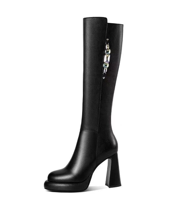 Chunky Heel Long Boots Black Cowhide Leather