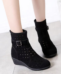Red Hollow Out Splicing Wedge Boots