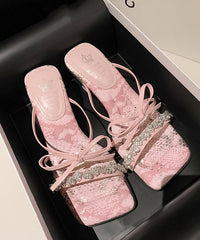 Stylish Pink Zircon Bow Splicing Chunky Heels Slide Sandals