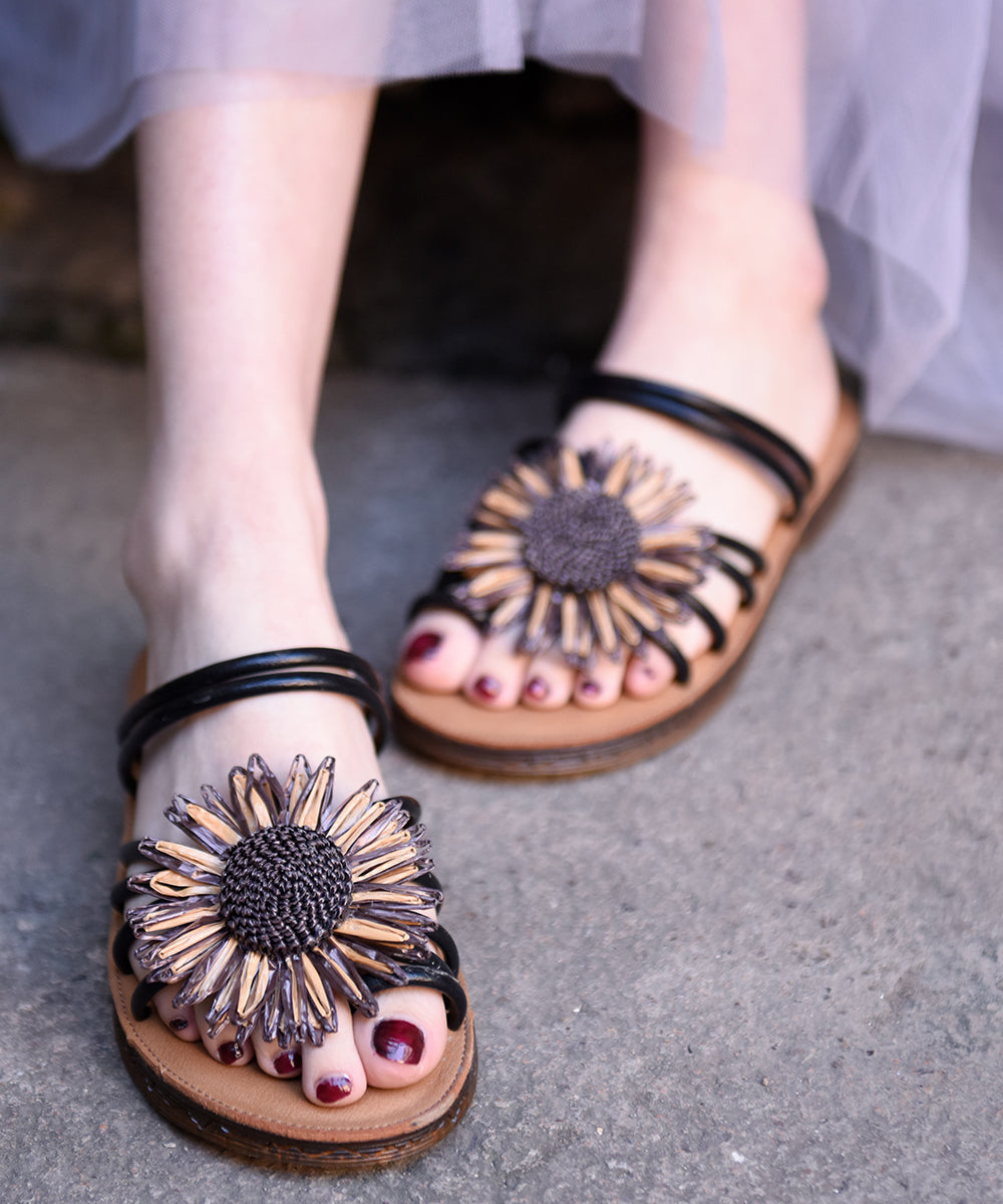 Beige Faux Leather Floral Splicing Slide Sandals