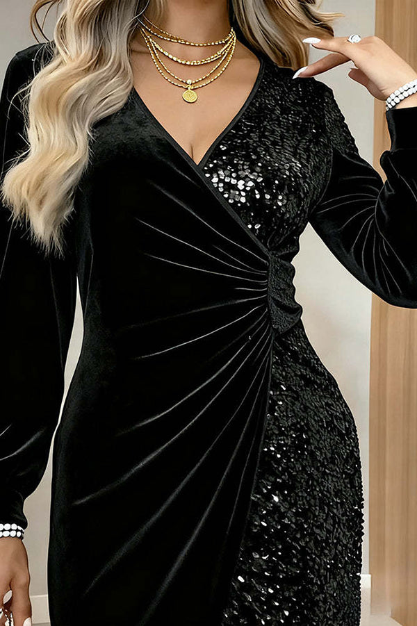 Velvet Sequined V-neck Long-sleeved Slim-fit Mini Dress