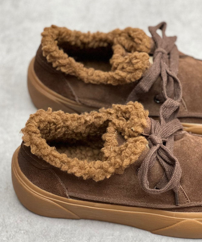 Coffee Flats Lace Up Flat Shoes For Fuzzy Wool Lined
