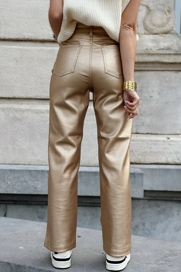 Metallic Fabric Pocket Casual Straight Wide-Leg Pants