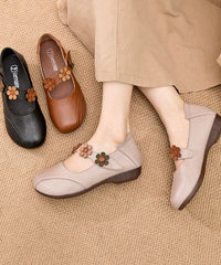 Boho Buckle Strap Flat Shoes For Apricot Floral Cowhide Leather