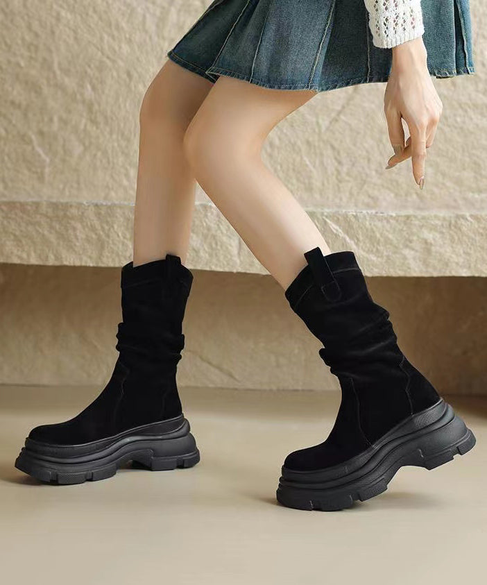 Comfortable Splicing Platform Boots Brown Suede