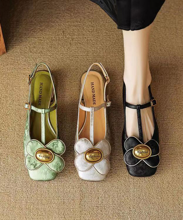 Green Flower Buckle Strap Flat Shoes