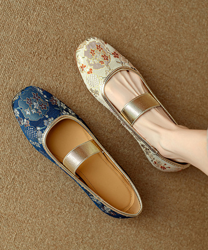 Blue Embroidered Splicing Flat Shoes For Women