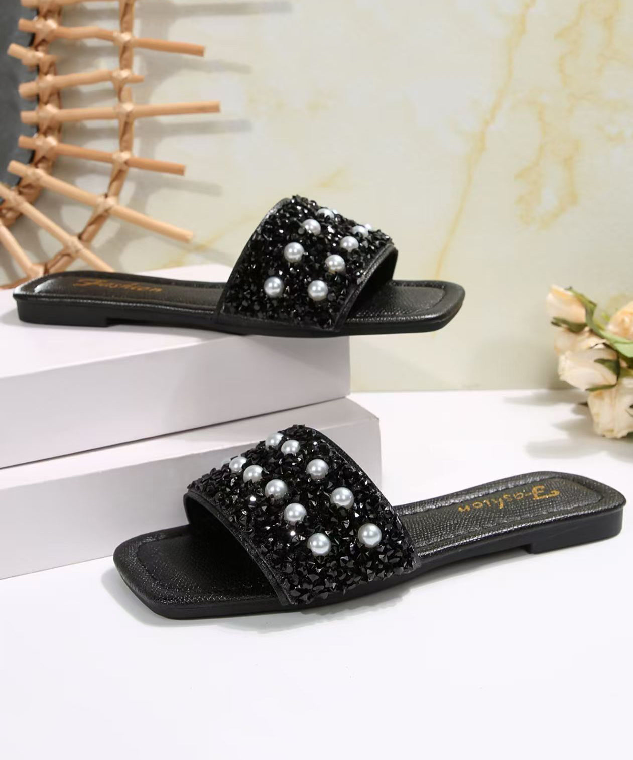French Nail Bead Splicing  Black Faux Leather Slide Sandals