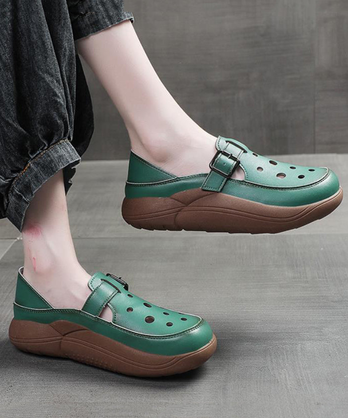 Green Cowhide Leather Hollow Out Flat Shoes