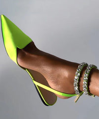 Green Flat Sandals American Style Splicing Zircon Pointed Toe