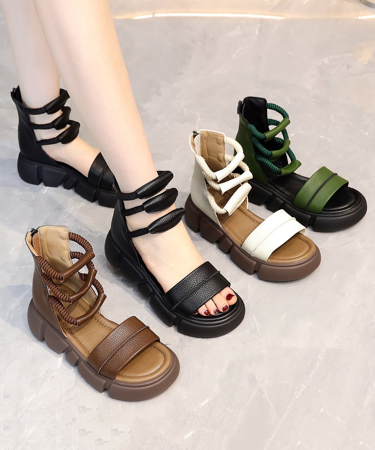 Brown Open Toe Platform Sole Casual Roman Cool Boots