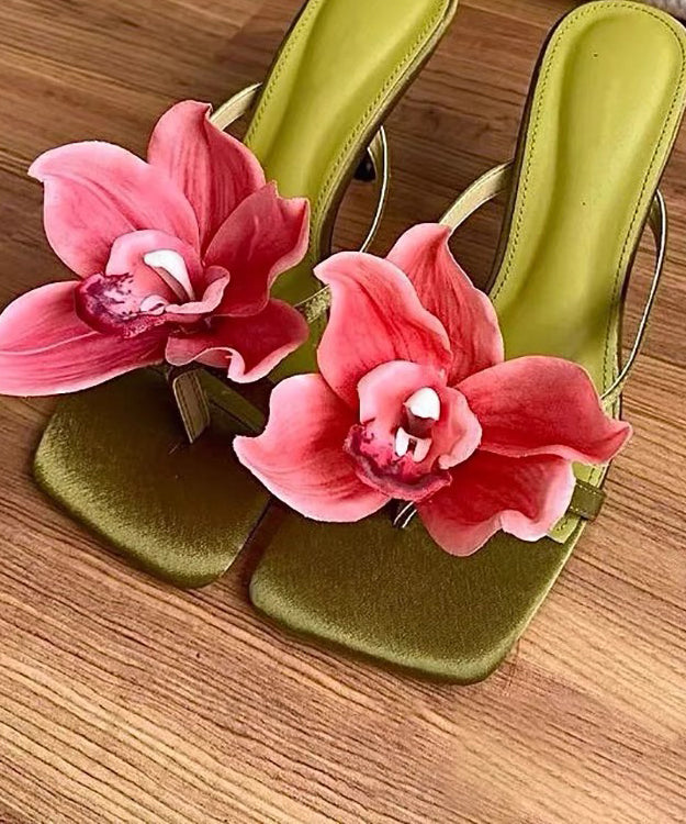 Green Floral Handmade Splicing High Heels Slide Sandals