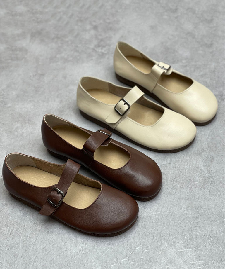 Chocolate Cowhide Leather Flat Shoes For Buckle Strap Flat Shoes For Women