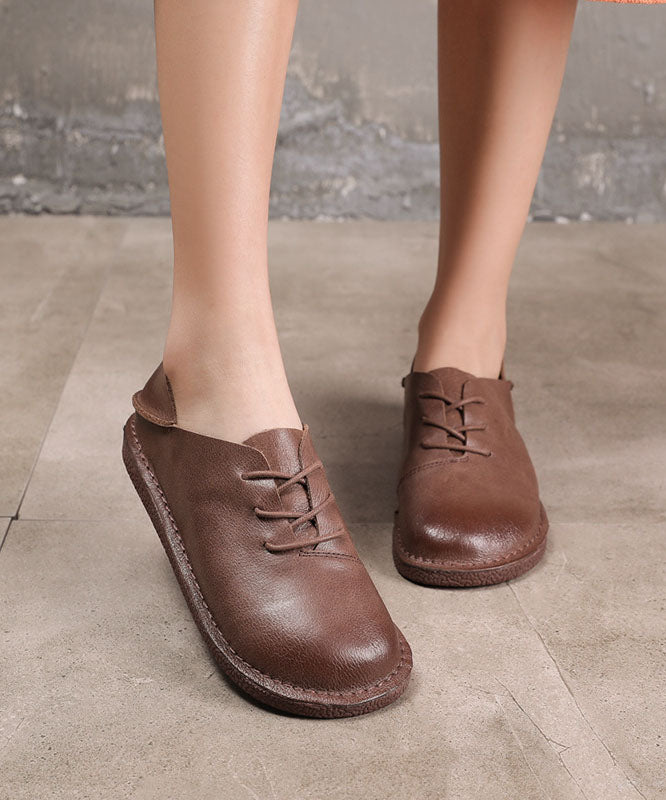 Coffee Cowhide Leather Flats Lace Up Flats