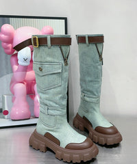 Art Denim Blue Cotton Splicing Fabric Boots