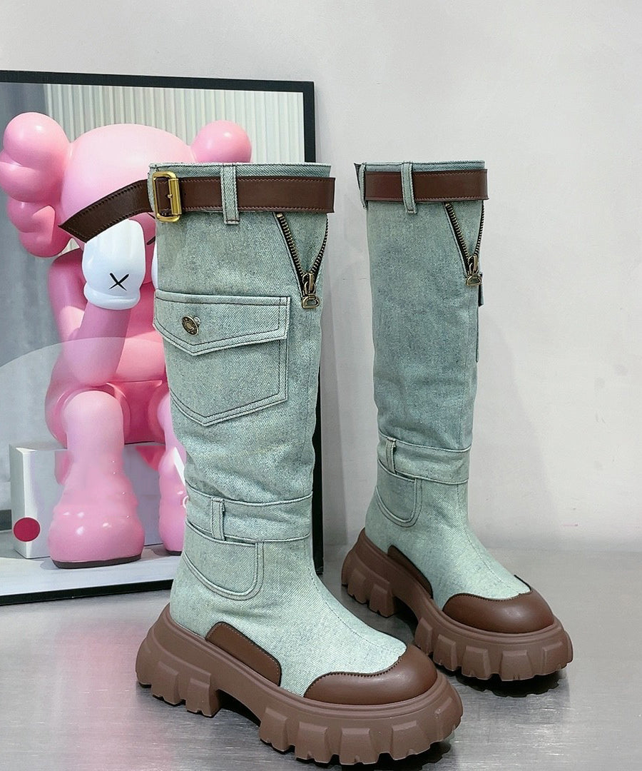 Art Denim Blue Cotton Splicing Fabric Boots