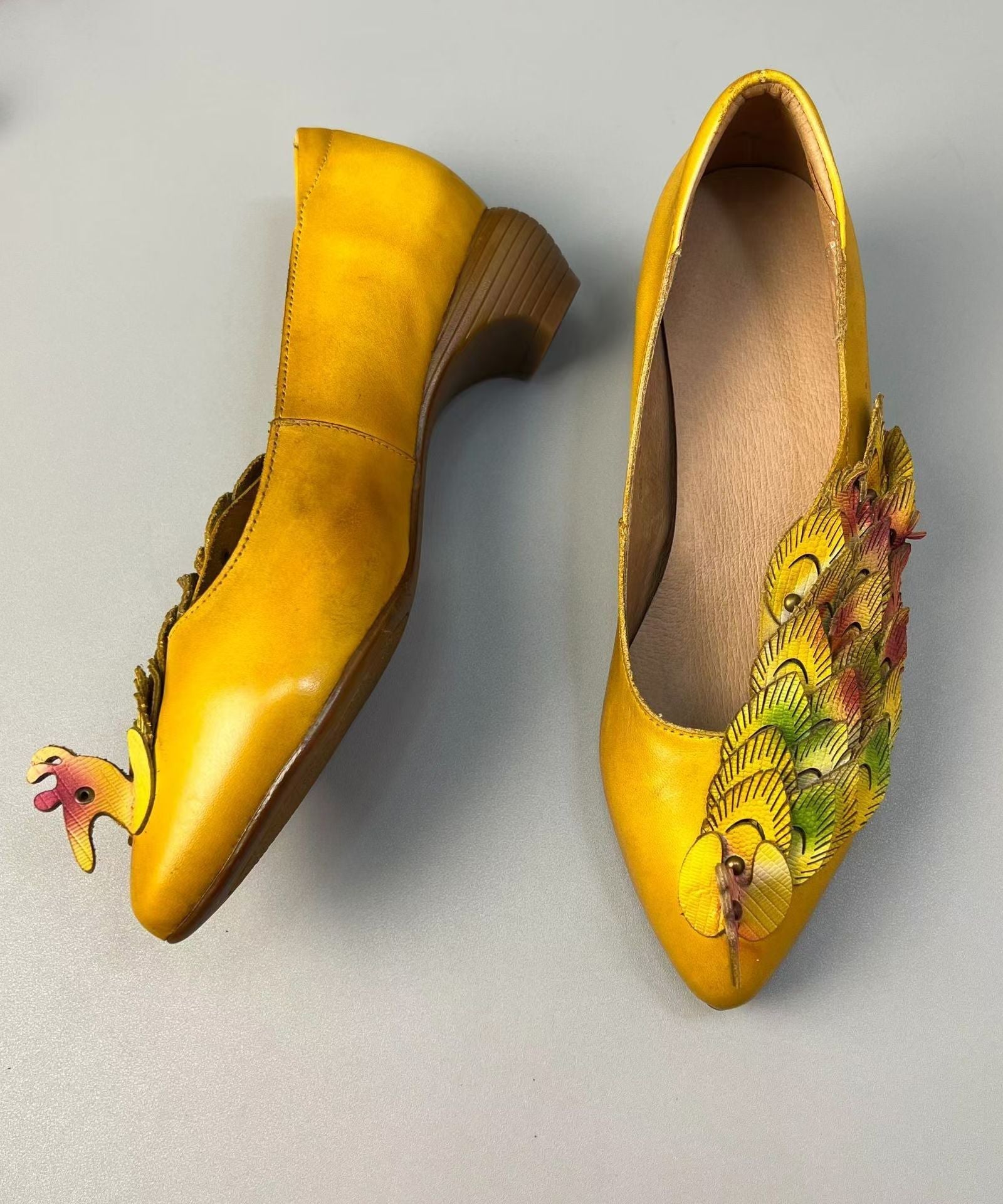 Retro Ethnic Style Yellow Pointed Toe Cowhide Leather Shoes