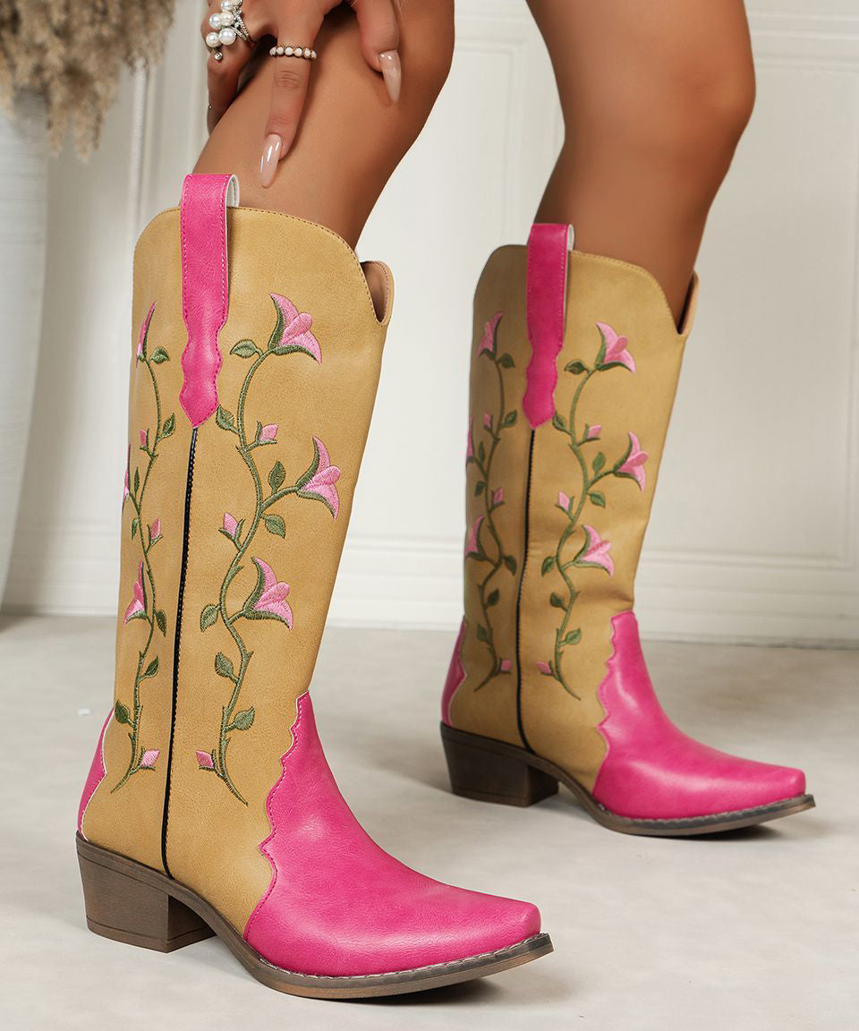 Yellow Faux Leather Boutique Splicing Embossed Chunky Boots