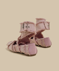 Pink Cotton Fabric Tassel Splicing Cross Strap Flats