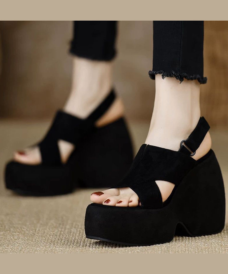 Stylish Splicing Wedge Heels Sandals Black Suede Peep Toe