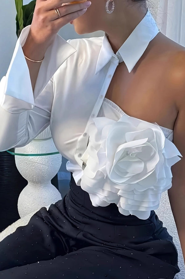 Three-dimensional Floral Collared Single-sleeve Casual Shirt