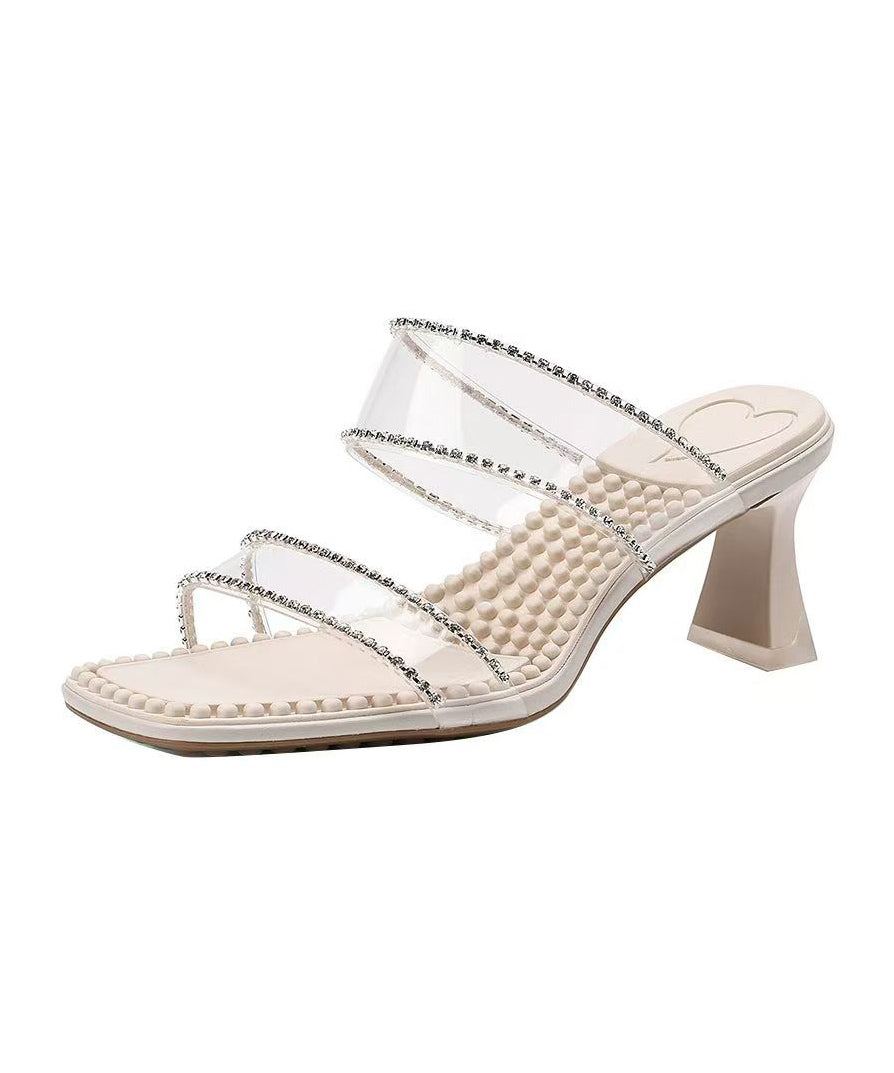 Apricot Clear Chunky Heel Zircon Slide Sandals Peep Toe