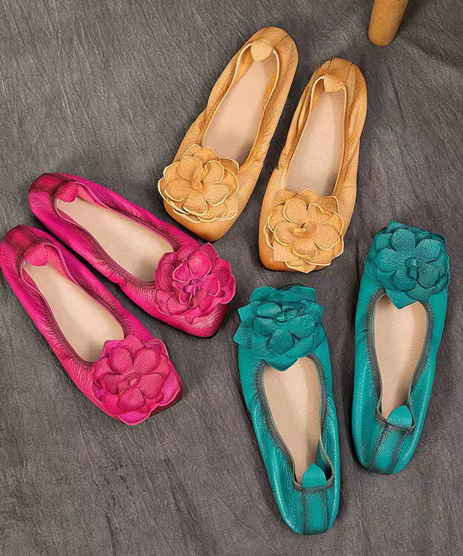 Rose Handmade Cowhide Leather Floral  Flat Shoes For Women