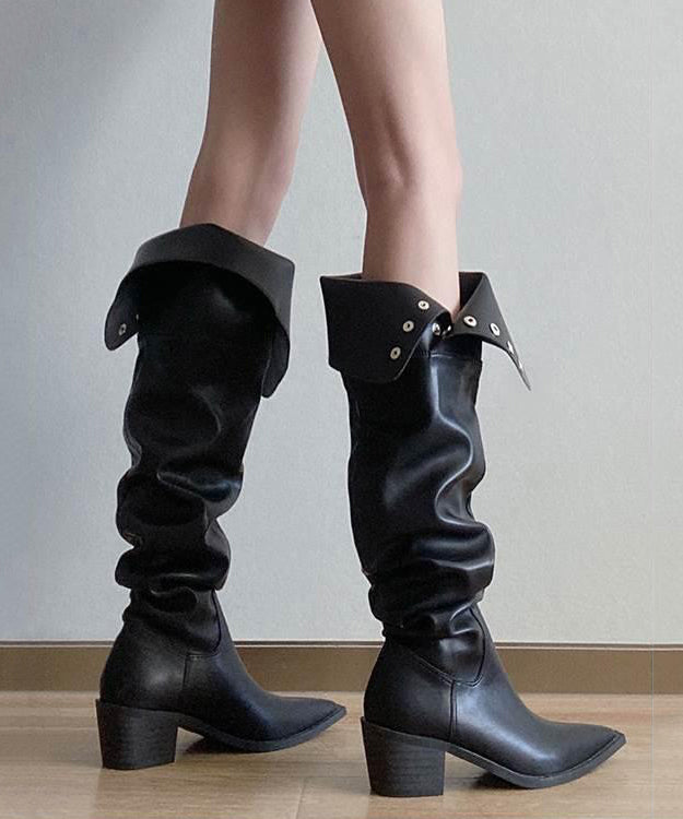 Splicing Chunky Knee Boots Black Faux Leather