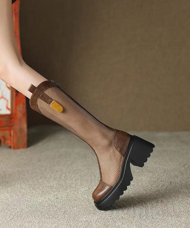 Breathable Tulle Splicing Chunky Boots Black Cowhide Leather