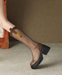 Breathable Tulle Splicing Chunky Boots Black Cowhide Leather