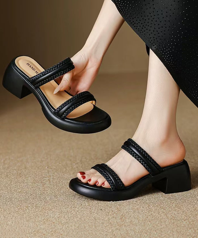 Beige Cowhide Leather Splicing Slide Sandals Peep Toe