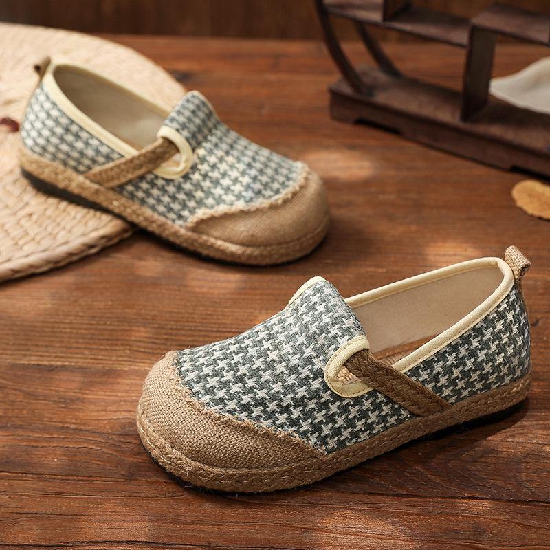 Black Plaid Cotton Linen For Splicing Flat Feet Shoes