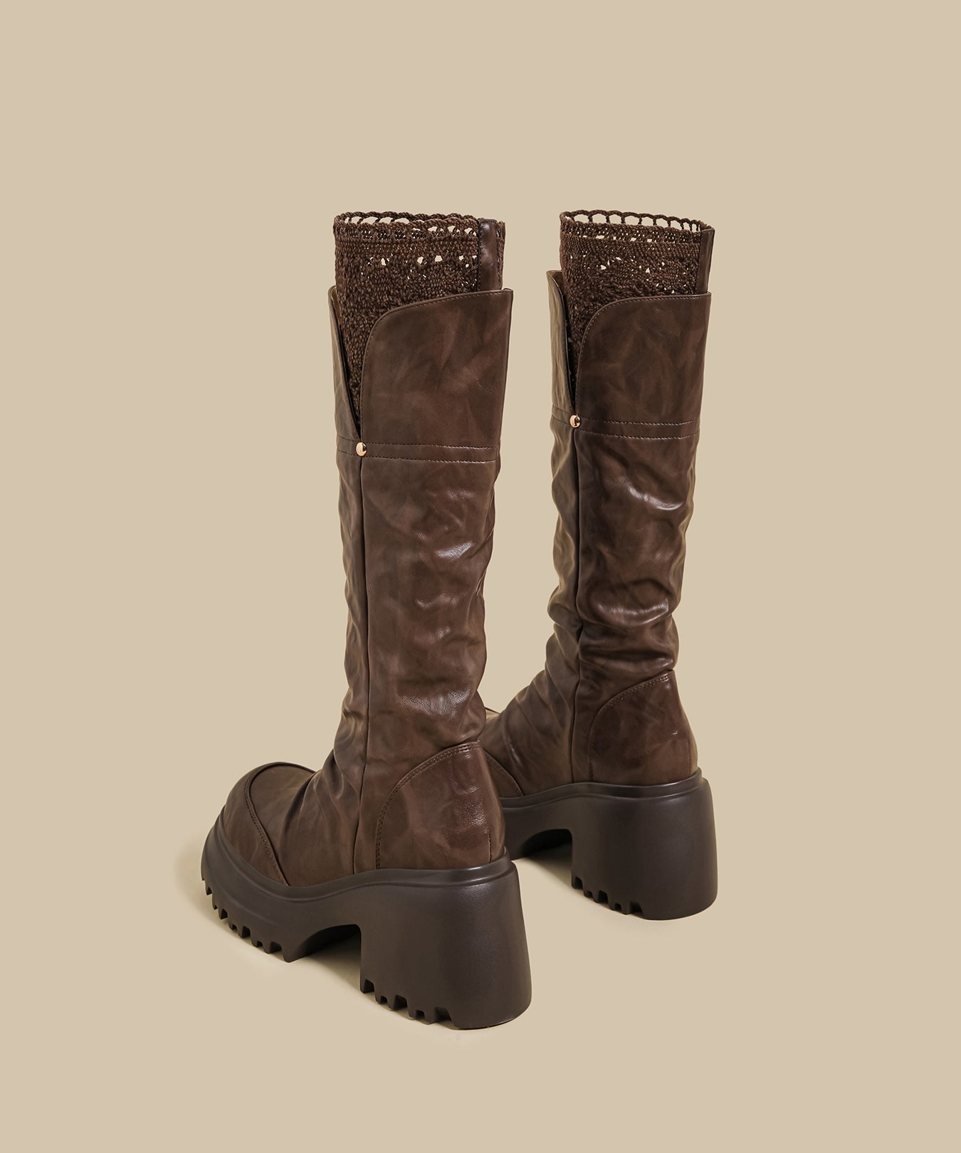 Brown Lace Splicing Wrinkled Faux Leather Chunky Boots