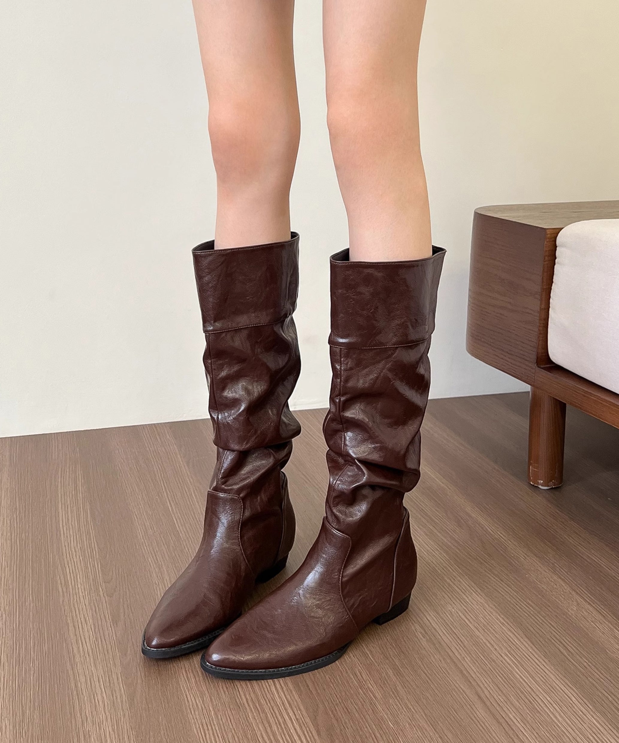 Black Faux Leather Splicing Chunky Boots Pointed Toe