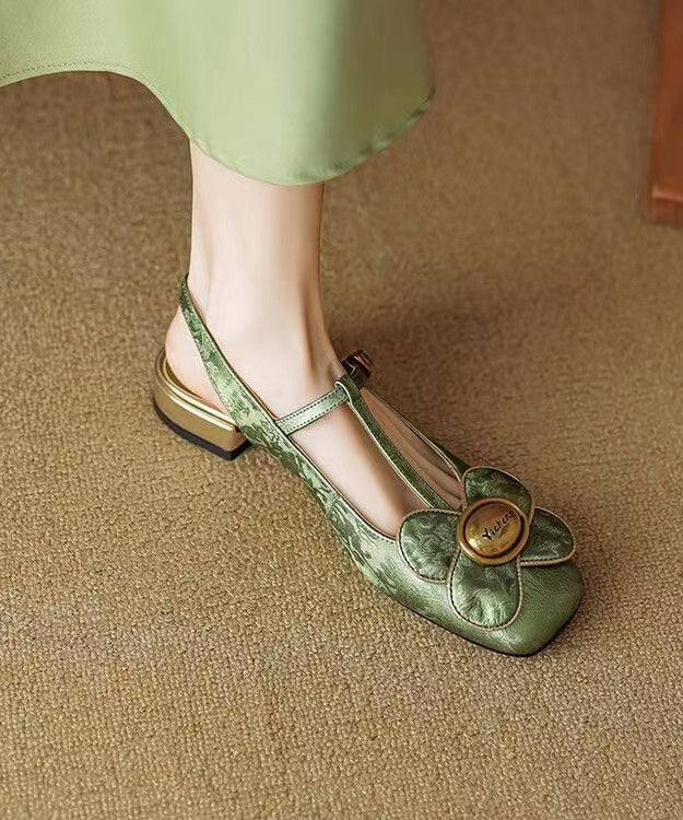 Green Flower Buckle Strap Flat Shoes