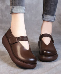 DIY Splicing Chunky High Wedge Heels Shoes Brown Cowhide Leather