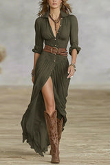 Lapel Single-breasted Waist Shirt-style Maxi Dress