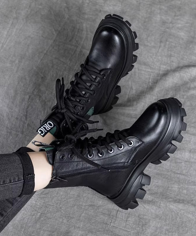 Splicing Platform Boots Black Cowhide Leather Lace Up