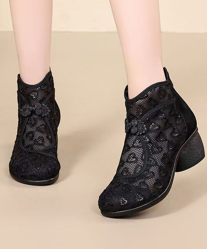Black Chunky Breathable Mesh Embroidered Retro Splicing Boots