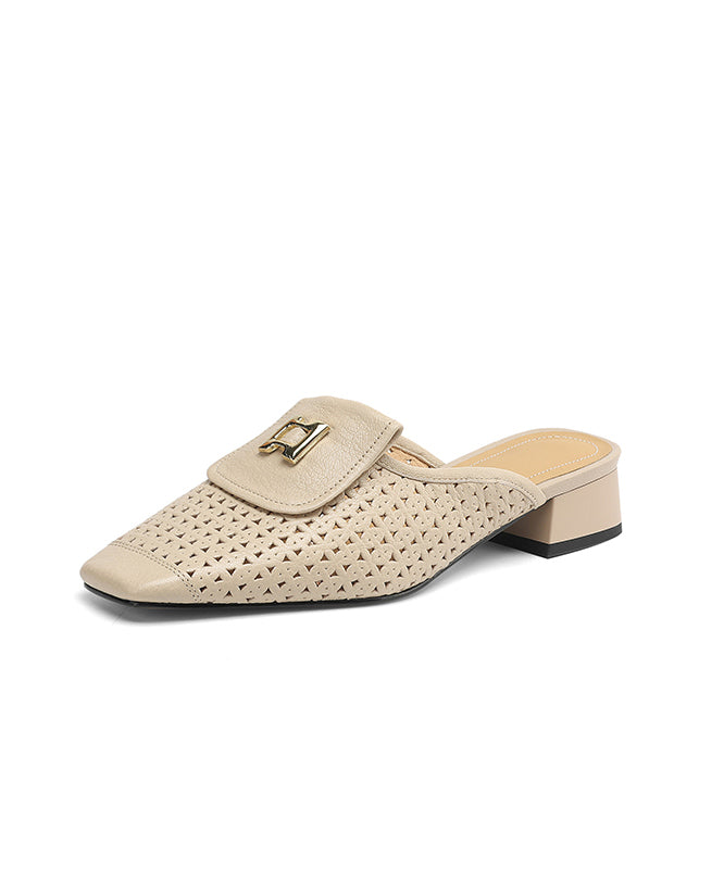 Apricot Cowhide Leather Splicing Hollow Out Slide Sandals