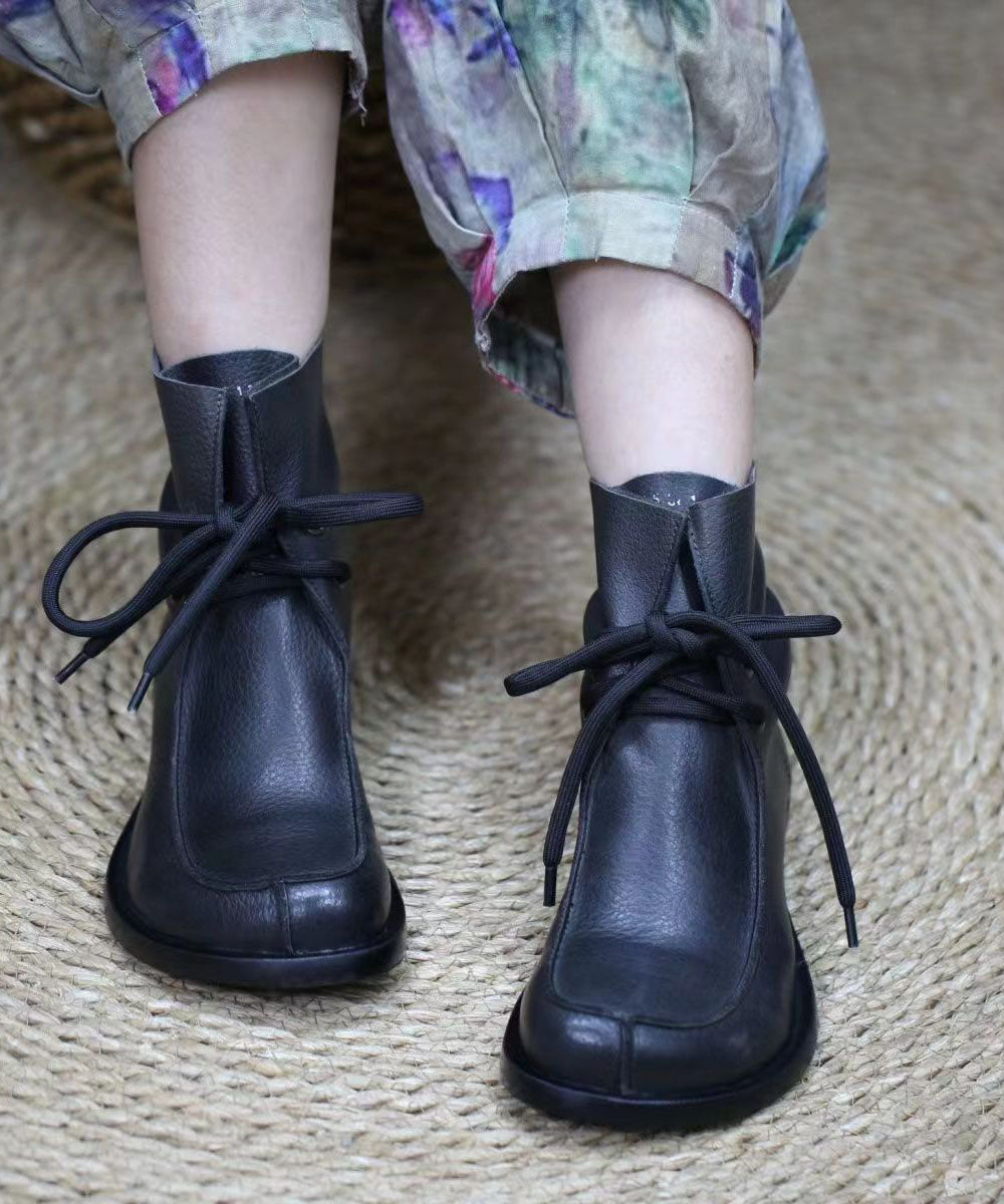 Cross Strap Splicing Boots Brown Soft Cowhide Leather