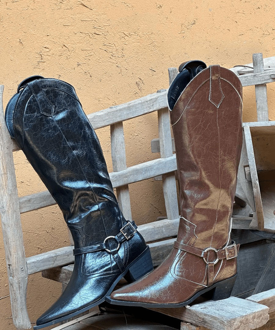 Splicing Chunky Boots Brown Faux Leather Pointed Toe