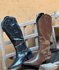 Splicing Chunky Boots Brown Faux Leather Pointed Toe