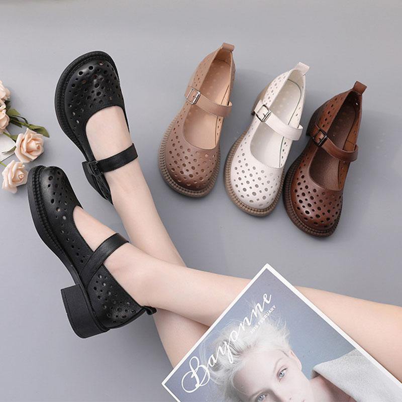 Chocolate Hollow Out Flat Feet Shoes Genuine Leather